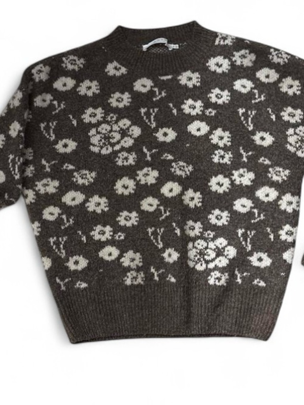 ASTR Charcoal Crewneck Sweater with Cream Floral Jacquard